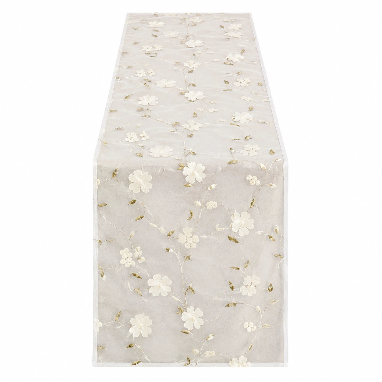 Chemin de Table Brodé Fleurs Blanc et Or Transparent