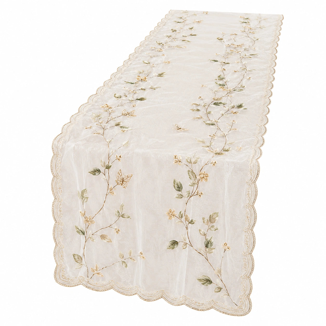 Chemin de Table Brodé Motif Floral 180x45 cm Ivoire