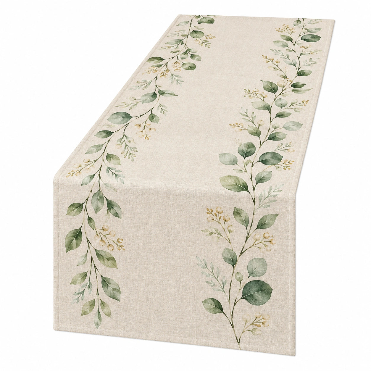 Chemin de Table Beige avec Motif de Feuillage Vert