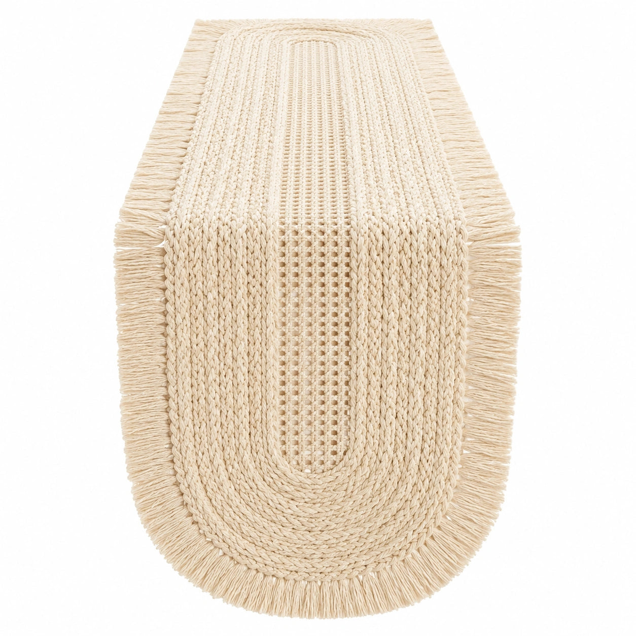 Chemin de table en macramé avec franges beige